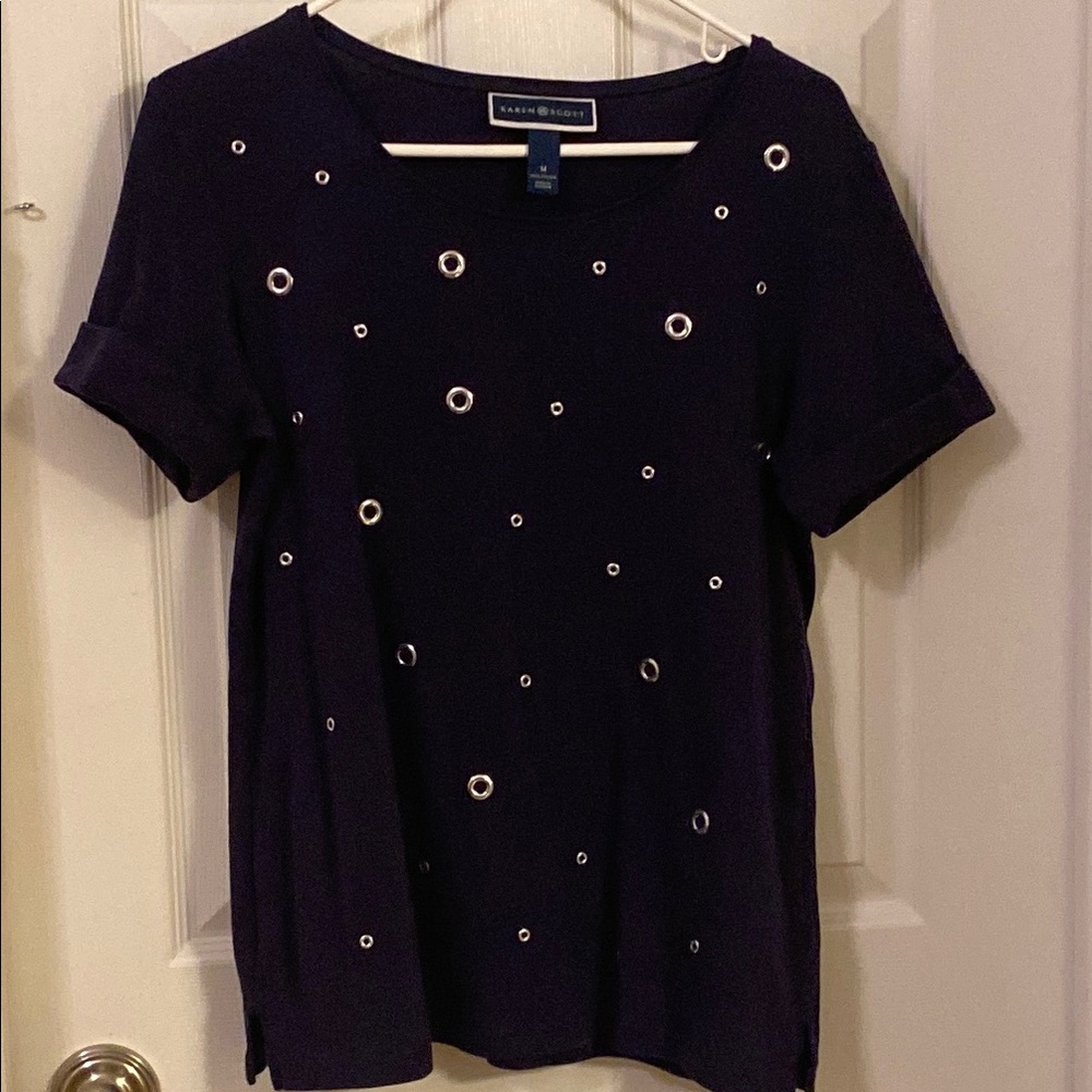 Karen Scott Women's Navy Blue Top with Eyelet Details